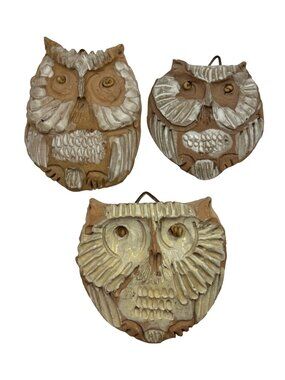 Set Of 3 Vintage Ceramic Owl Wall Hangings With Textured Details & Hanging Loops